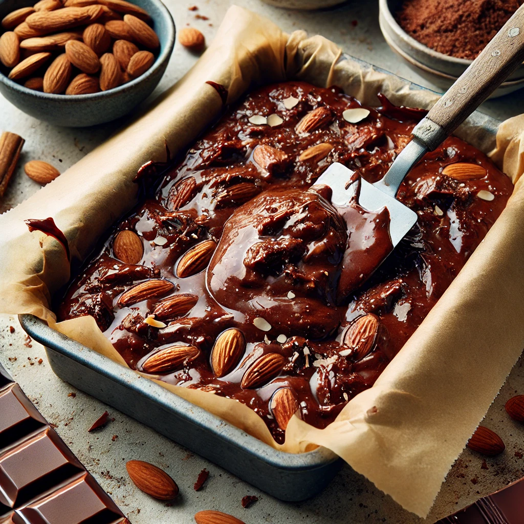 Extender la mezcla de turrón de chocolate vegano con almendras en un molde forrado.