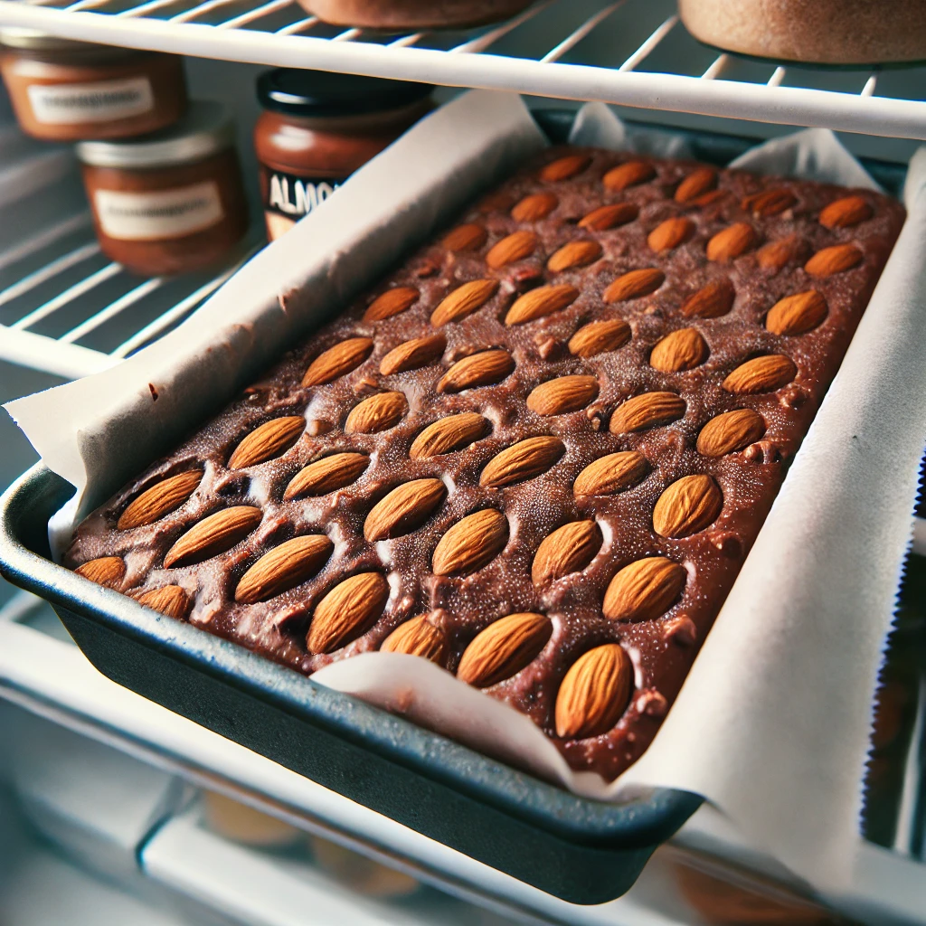 Mezcla espesa de turrón de chocolate con almendras en el frigorífico.