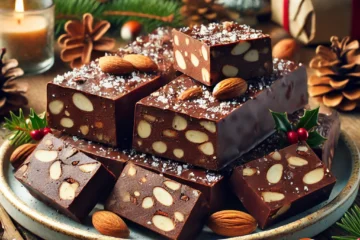 Turrón de chocolate vegano con almendras y avellanas, perfecto para una fiesta navideña