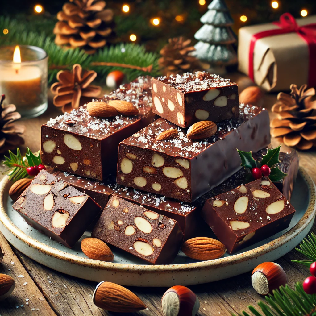 Turrón de chocolate vegano con almendras y avellanas, perfecto para una fiesta navideña