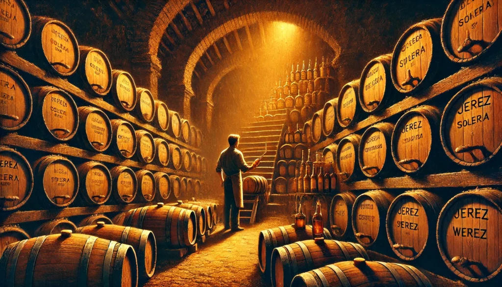 Interior de una bodega de vino con barriles de Jerez marcados con "Solera", iluminada por una cálida luz dorada. Un trabajador observa las barricas con un instrumento en la mano.