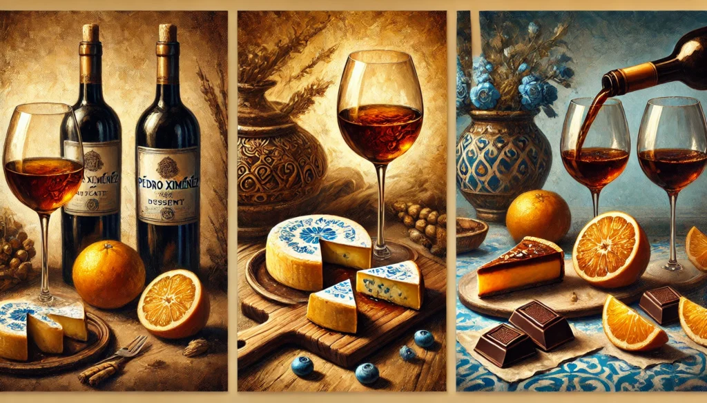 Tres composiciones artísticas de bodegones que muestran vino Pedro Ximénez en copas y botellas, acompañado de queso, frutas y chocolate en una ambientación elegante y cálida.