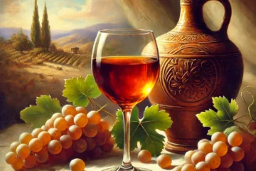 Una pintura al óleo de un vaso de vino dulce andaluz sobre una mesa rústica, rodeado de racimos de uvas maduras y una jarra de barro tradicional, con un paisaje de viñedos al fondo bajo un cielo mediterráneo suave.