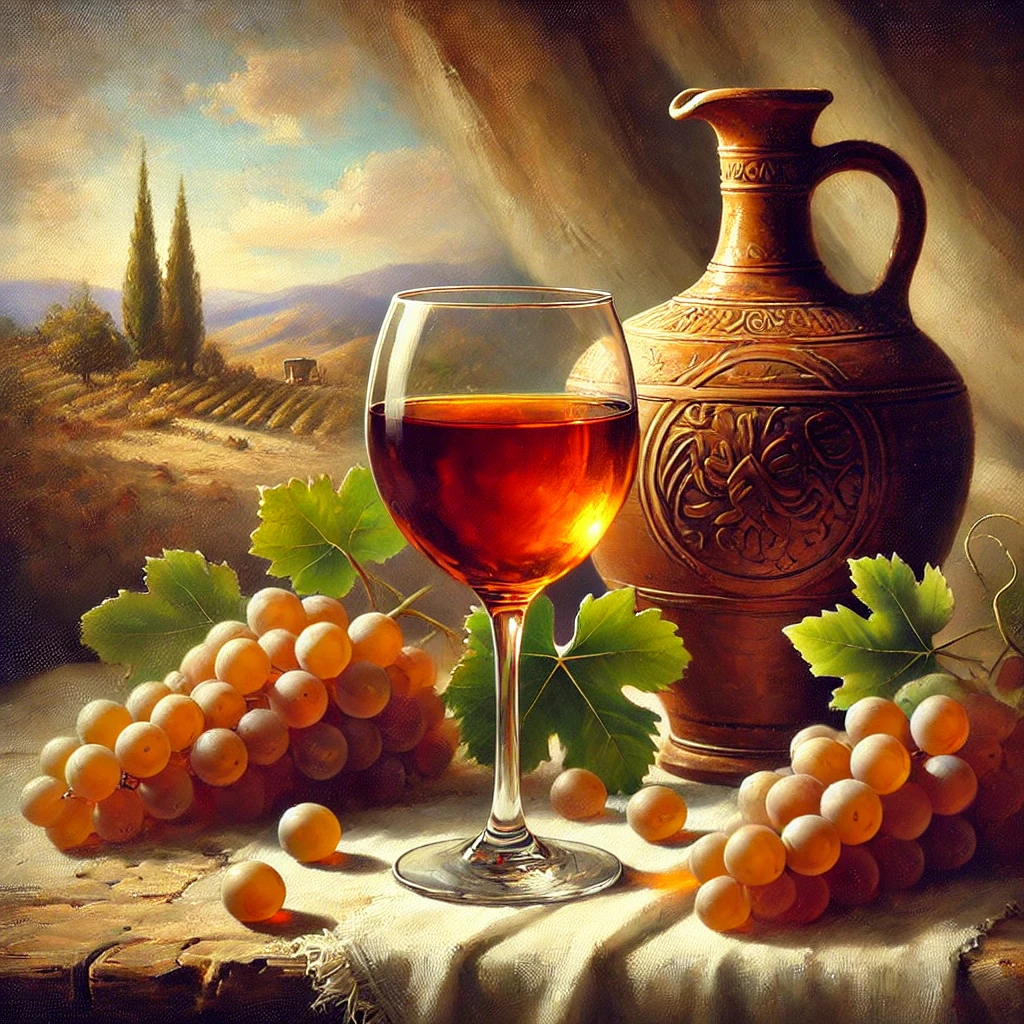 Una pintura al óleo de un vaso de vino dulce andaluz sobre una mesa rústica, rodeado de racimos de uvas maduras y una jarra de barro tradicional, con un paisaje de viñedos al fondo bajo un cielo mediterráneo suave.