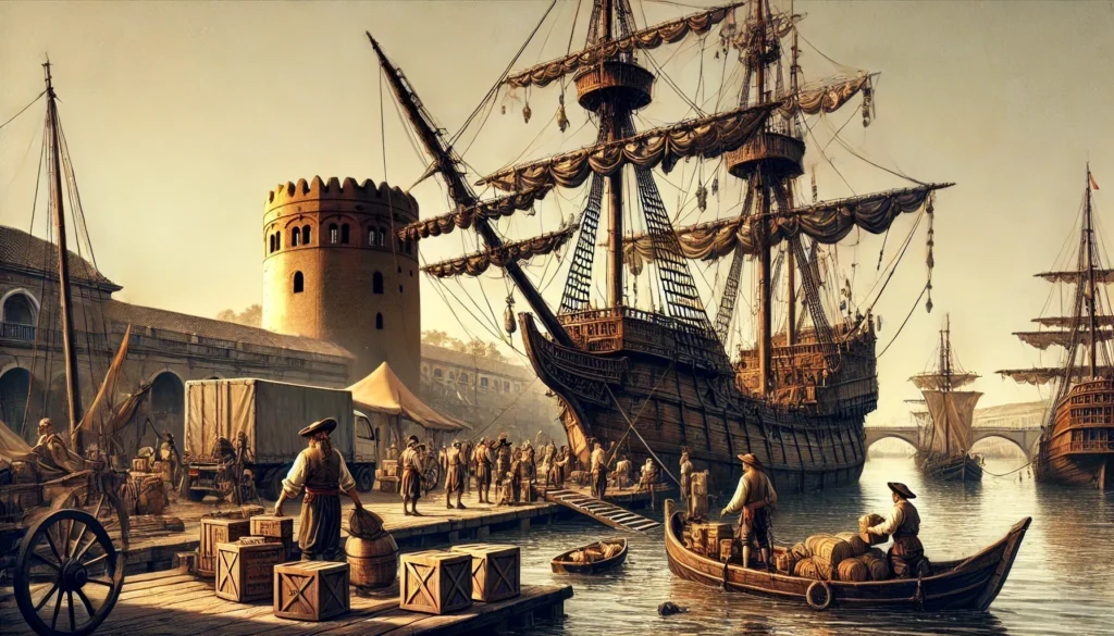 Galeón español de 1492 descargando té y especias en un puerto del Guadalquivir