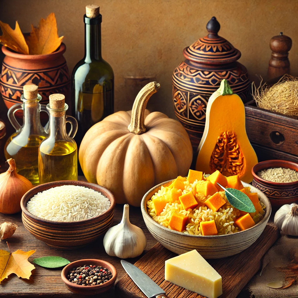 Ingredientes para risotto de calabaza dispuestos en una mesa de cocina andaluza en otoño.