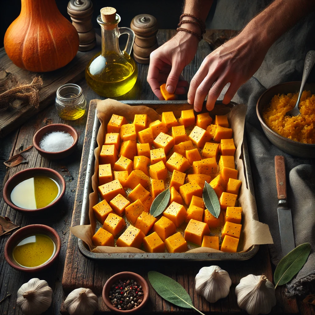 Cubos de calabaza en una bandeja para hornear, sazonados con aceite de oliva, sal y pimienta.