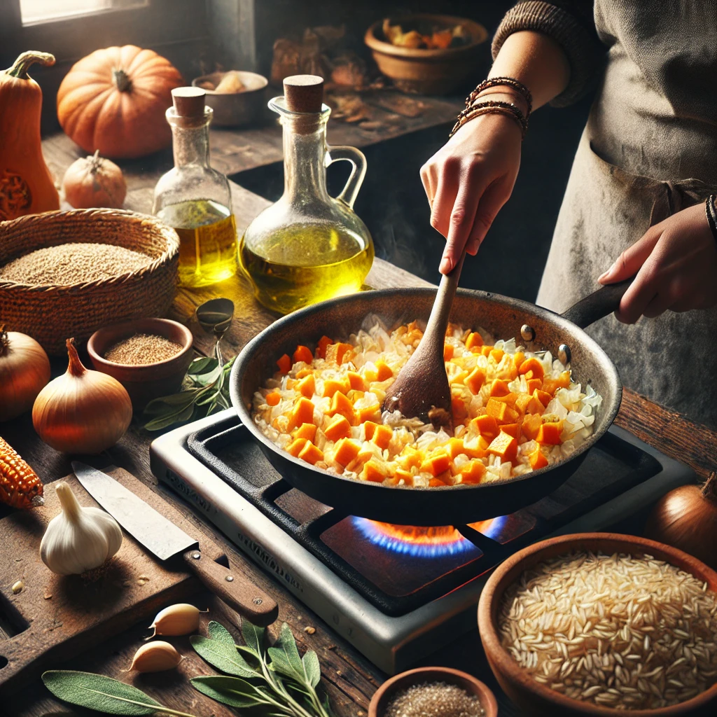 Cebolla y ajo picados sofriéndose en una sartén con aceite de oliva para risotto de calabaza.

