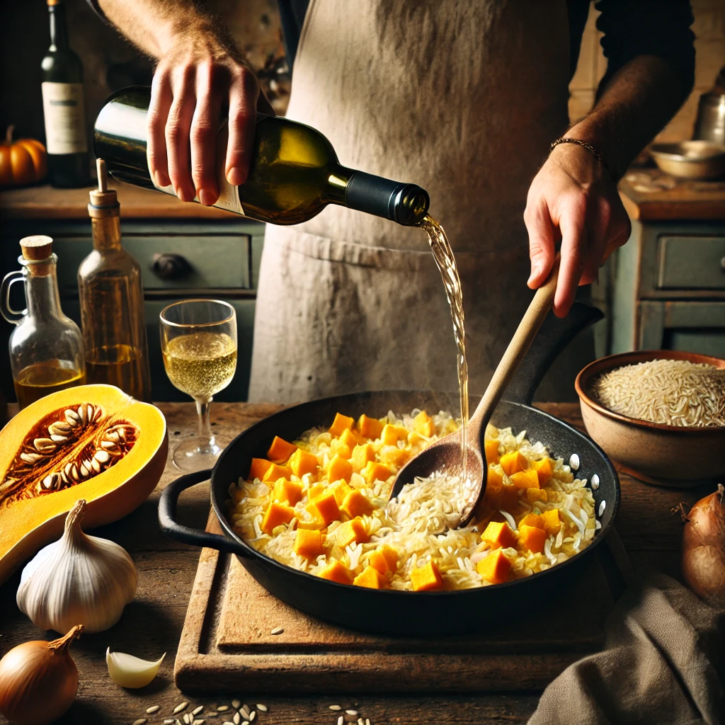 Chef vertiendo vino blanco en la sartén con arroz Arborio para risotto de calabaza.

