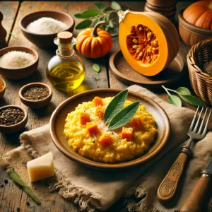 Risotto de calabaza servido en plato con parmesano rallado y hoja de salvia.