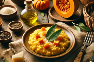 Risotto de calabaza servido en plato con parmesano rallado y hoja de salvia.