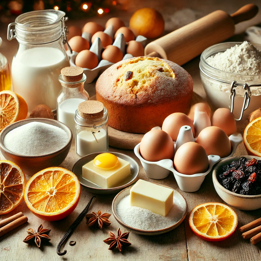 Ingredientes para panetone casero: harina, mantequilla, huevos, leche, azúcar, frutas confitadas y vainilla sobre una mesa rústica.