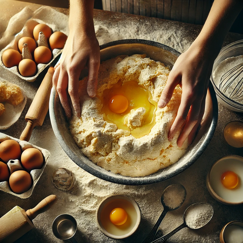 Preparación de la masa principal para panetone casero, mezclando harina, azúcar, huevos, leche y mantequilla en un bol.