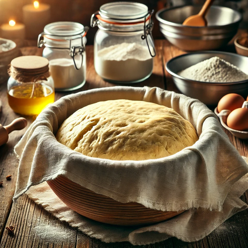 Primera fermentación de la masa de panetone casero en un bol cubierto con un paño, sin ingredientes ni decoraciones.