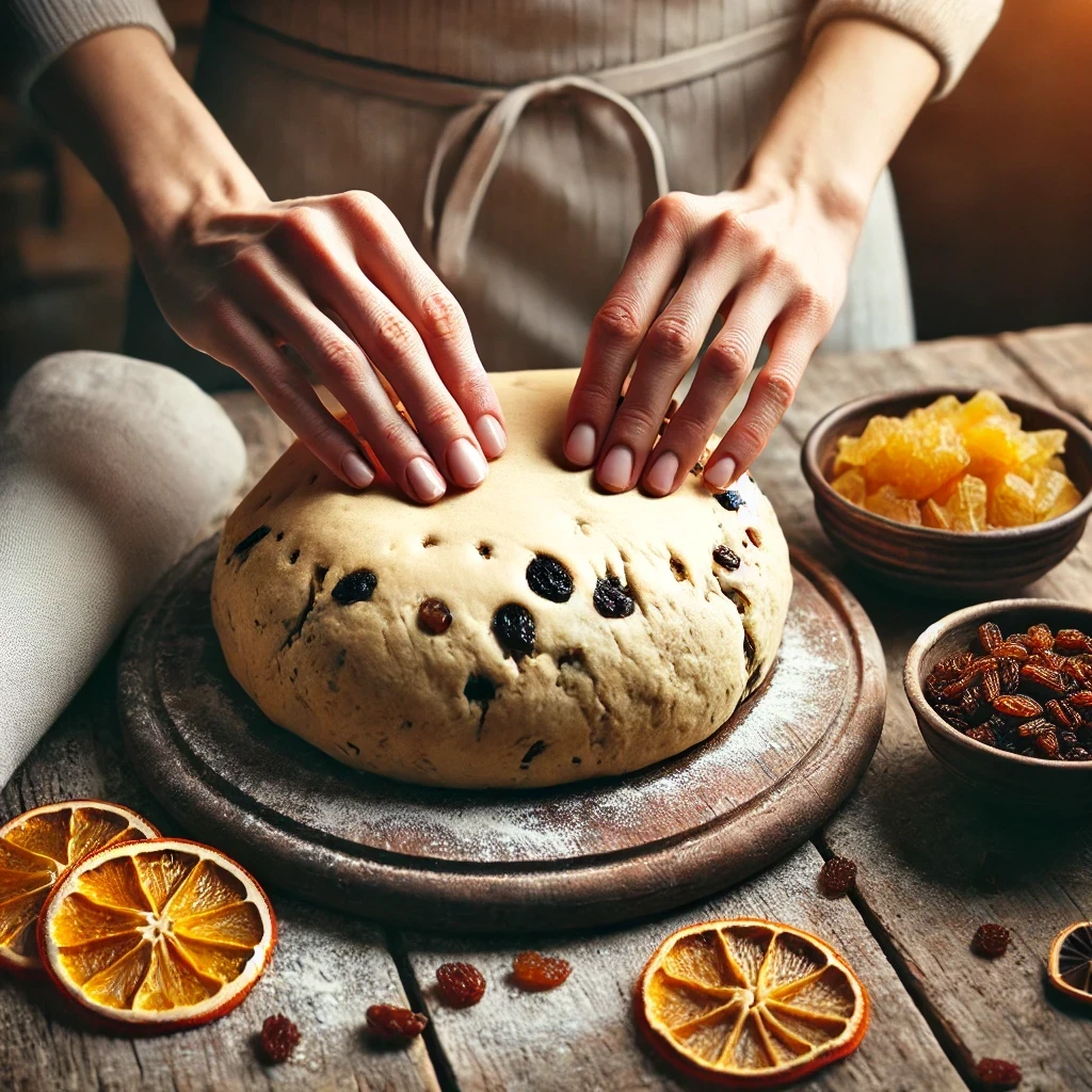 Incorporación de frutas confitadas en la masa de panetone casero, con las manos amasando suavemente.