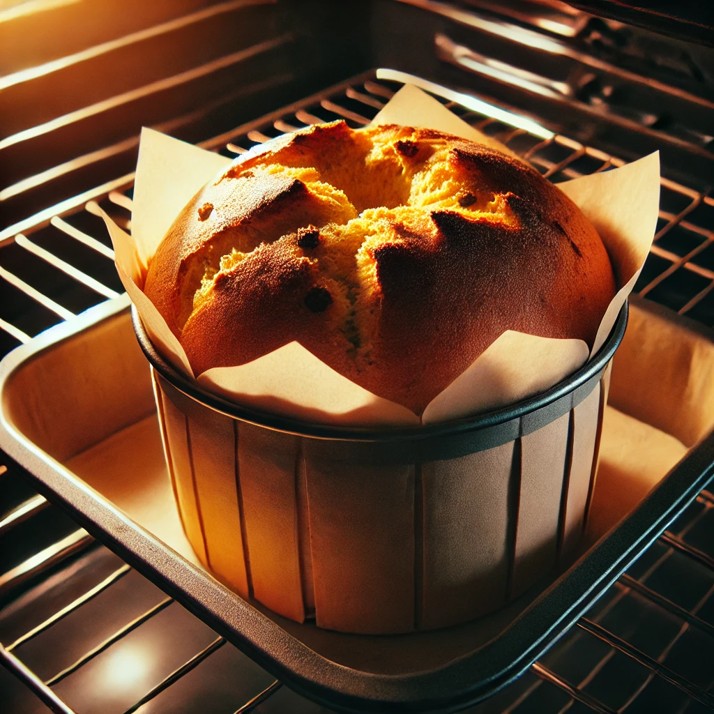 Panetone casero en proceso de horneado, colocado en un molde alto de papel dentro de un horno precalentado.