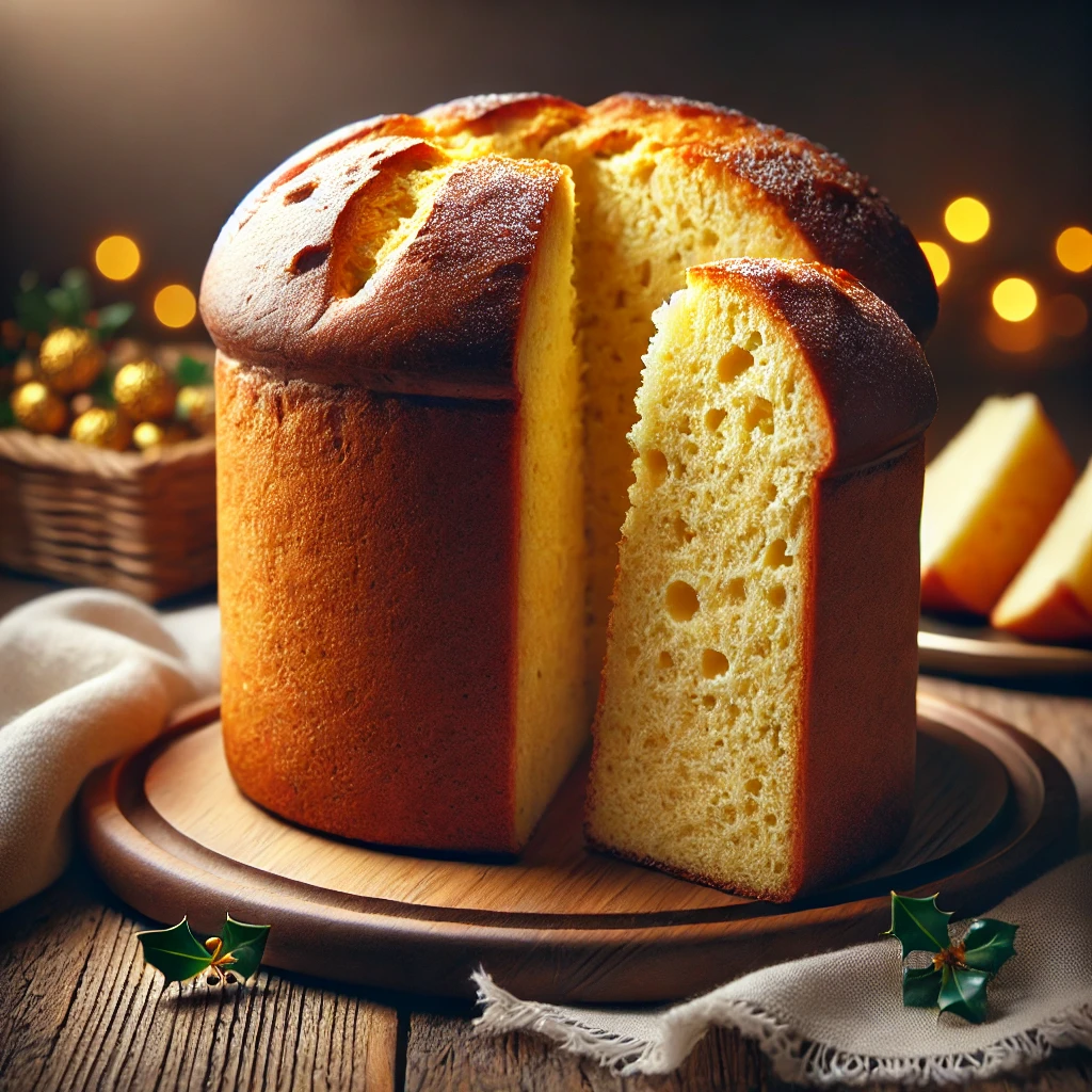 Panetone casero recién horneado, dorado y esponjoso, con una rebanada mostrando el interior suave.