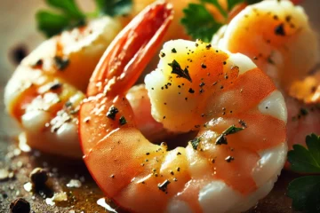 Gambas al ajillo con sal, pimienta y perejil fresco en un plato.