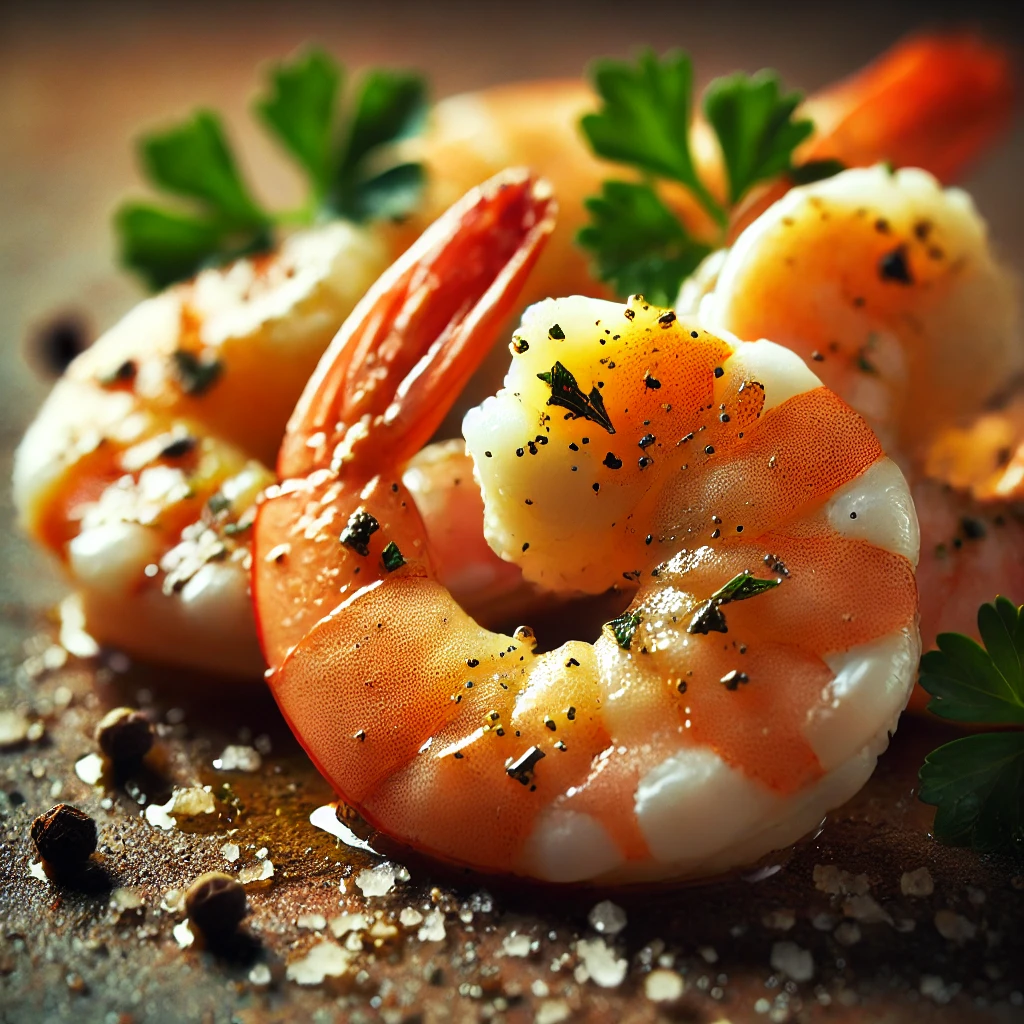 Gambas al ajillo con sal, pimienta y perejil fresco en un plato.