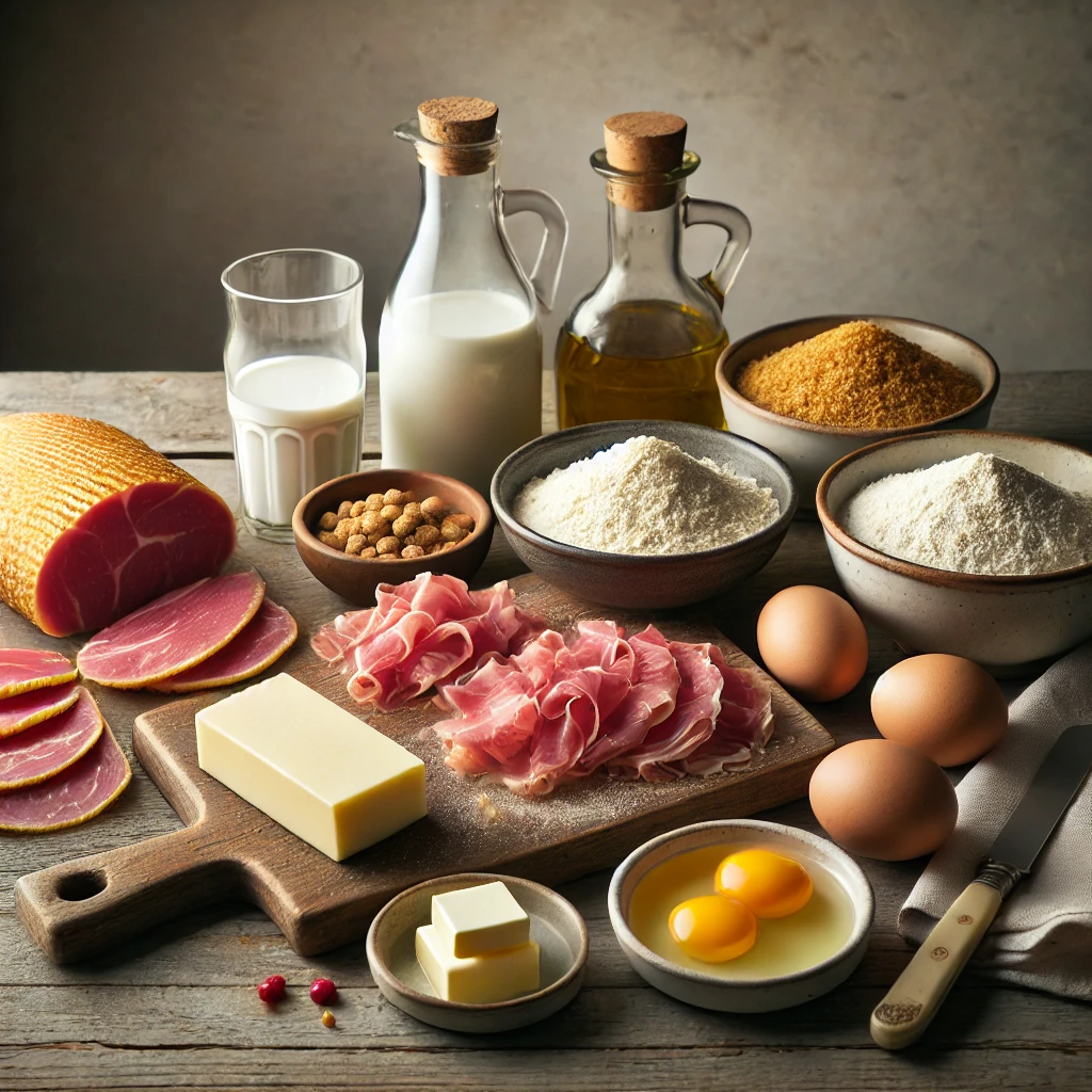 Ingredientes para hacer croquetas de jamón: jamón serrano, mantequilla, harina, leche, huevos y pan rallado