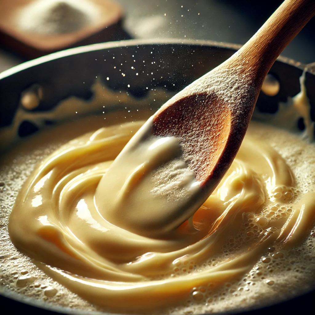 Preparación del roux para la bechamel, con mantequilla derretida y harina mezcladas en una sartén.