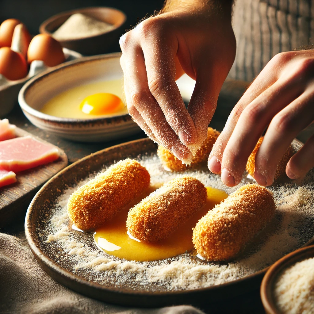 Rebozando croquetas de jamón en huevo batido y pan rallado para freírlas.