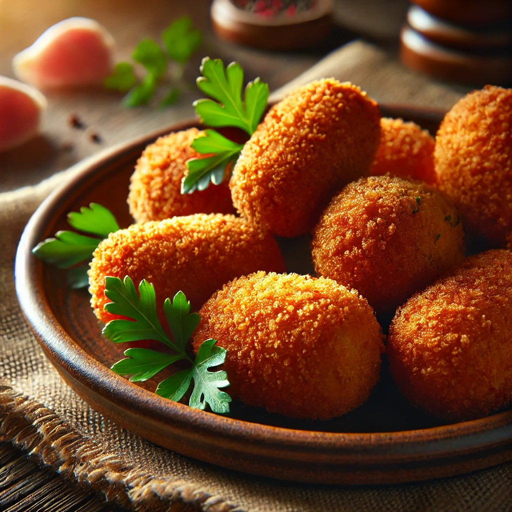 Croquetas de jamón recién fritas, doradas y crujientes, servidas en un plato.