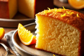 Rebanada de bizcocho de naranja esponjoso en un plato rústico, acompañada de un tenedor, con el bizcocho completo al fondo.