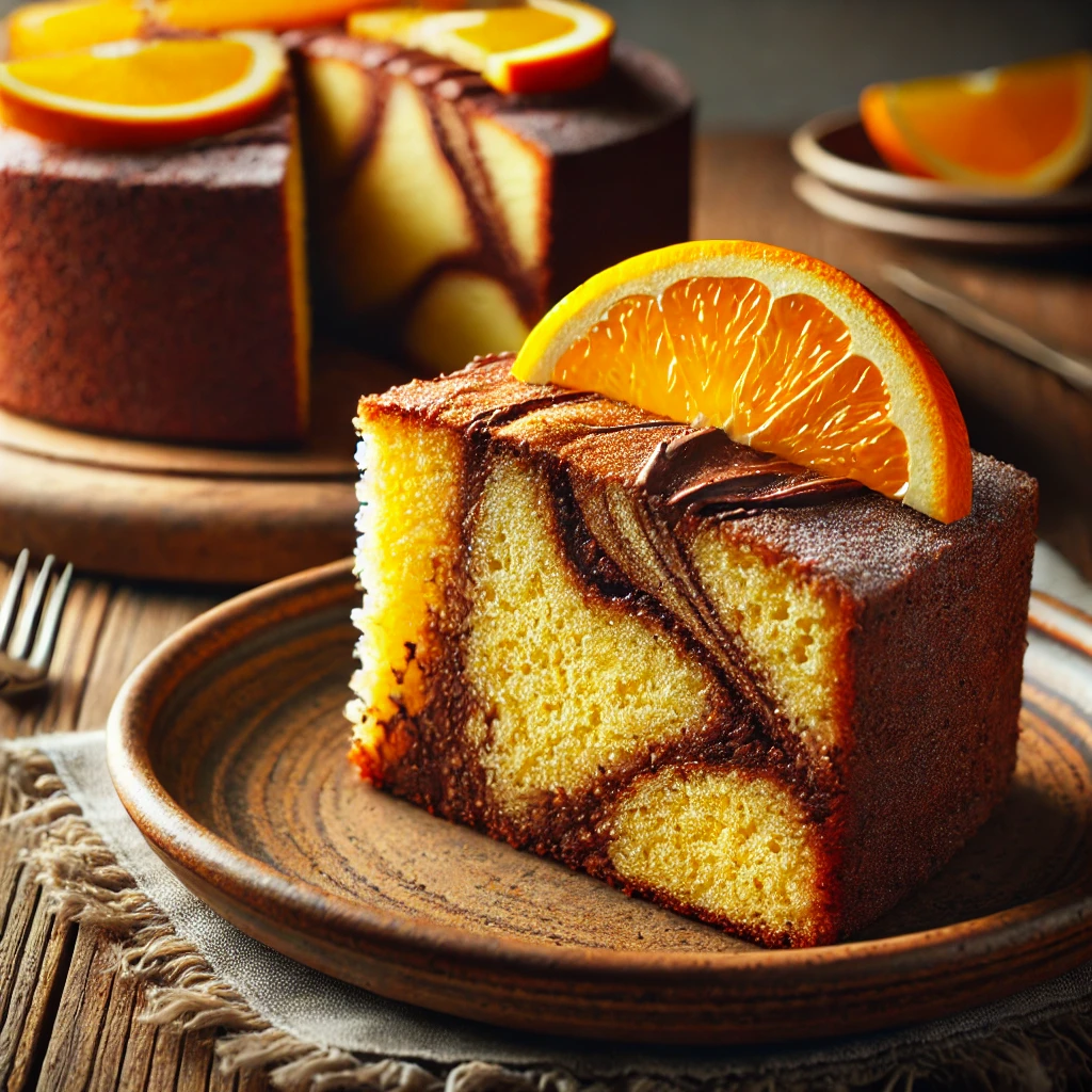 Rebanada de bizcocho de naranja y chocolate marmoleado en un plato rústico, con rodajas de naranja decorativas y el bizcocho completo al fondo.