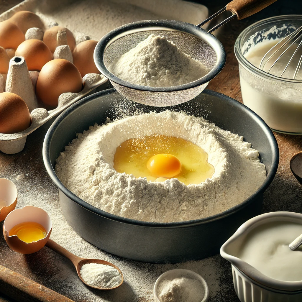 Tamizado de harina y levadura en la mezcla de huevos, azúcar y yogur para bizcocho de limón andaluz, con una espátula para mezclar suavemente.