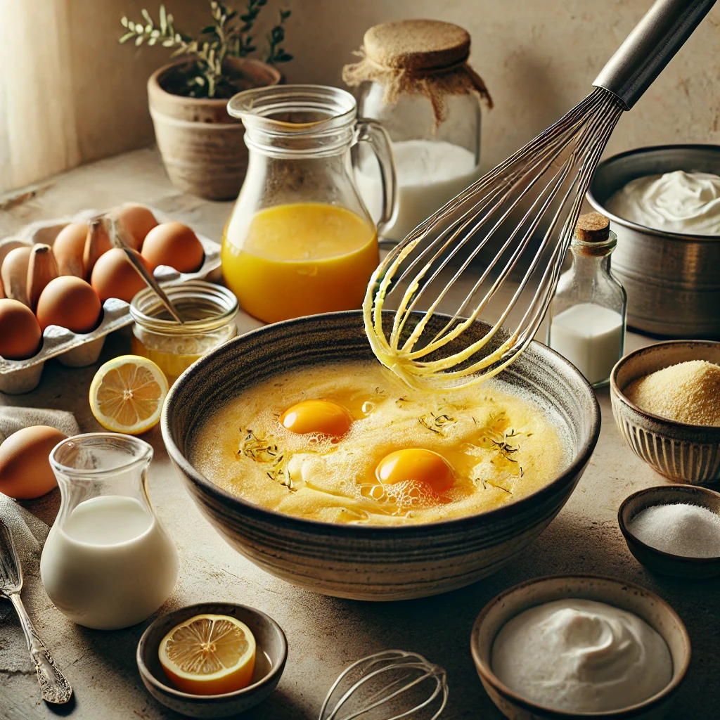 Preparación de la masa para bizcocho de limón andaluz: huevos y azúcar batiéndose en un bol grande, junto a yogur, aceite de oliva y ralladura de limón.