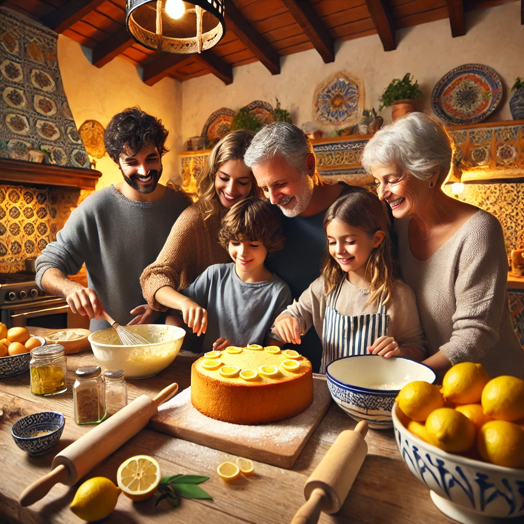 Familia andaluza preparando un bizcocho de limón en una cocina rústica mediterránea, con abuelos, padres y niños mezclando ingredientes en una encimera de madera.