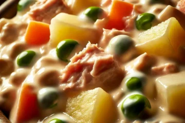 Primer plano de ensaladilla rusa con patatas, zanahorias, guisantes, atún y mayonesa, mostrando su textura cremosa.