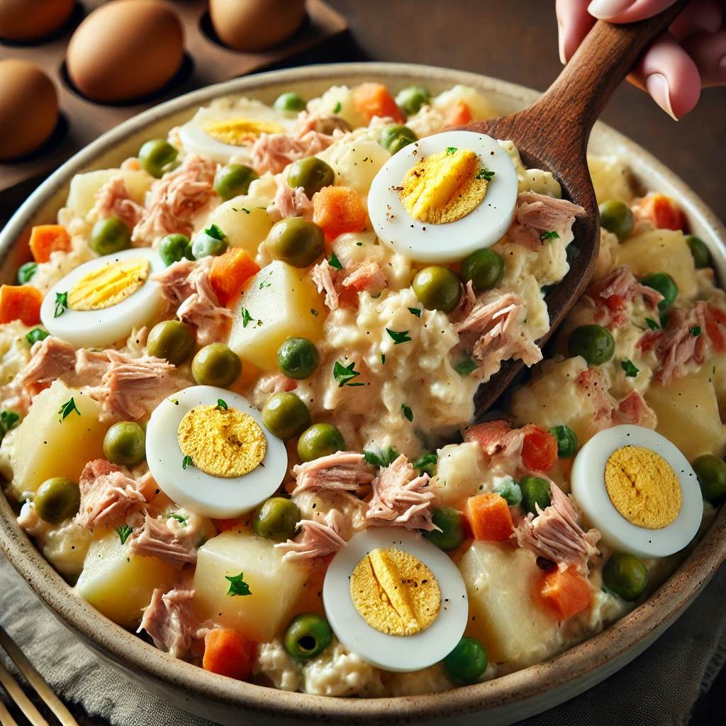 Ensaladilla rusa Karlos Arguiñano tradicional con trozos de patata, zanahoria, guisantes, huevo cocido y atún, servida en un cuenco de cerámica.