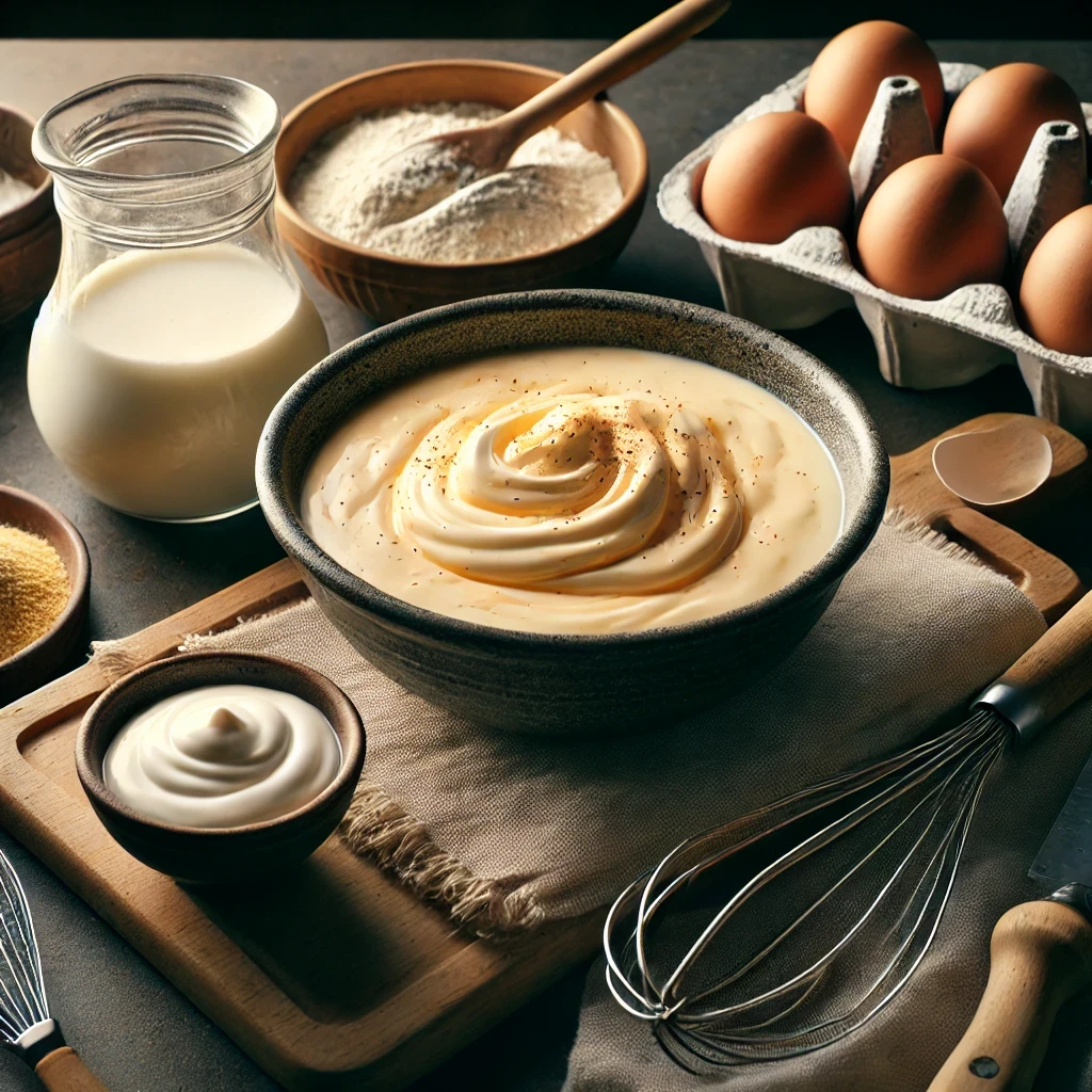 Nata líquida siendo vertida en un bol grande con una mezcla de queso crema, azúcar y huevos. A un lado, harina tamizada lista para ser añadida.