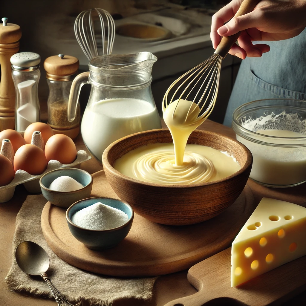 Mezcla inicial de queso crema y azúcar en un bol grande con una espátula de madera, rodeado de ingredientes listos como huevos y nata líquida.Primer paso: Mezclar el queso crema con el azúcar en un bol grande.