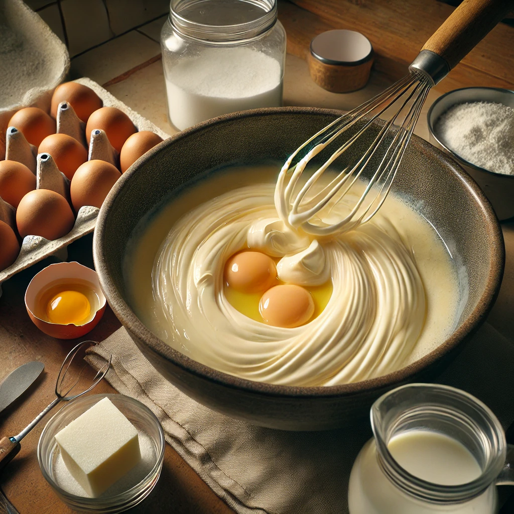 Huevos siendo incorporados uno a uno en la mezcla de queso crema y azúcar, dentro de un bol grande en una cocina bien iluminada.