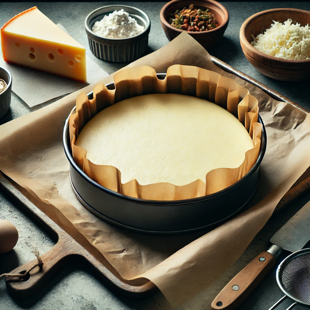 Un molde redondo forrado con papel de horno sobresaliente está siendo llenado con la mezcla cremosa de la tarta de queso La Viña en una cocina acogedora.