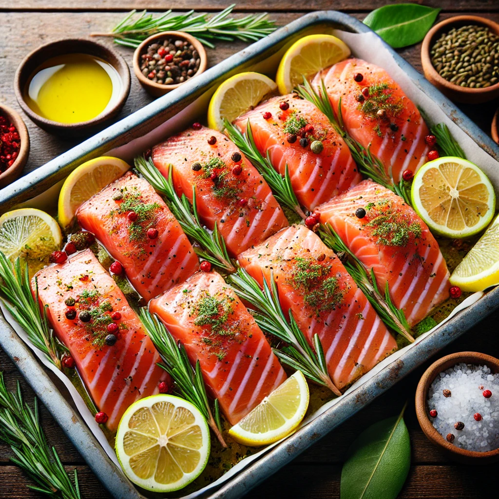 Lomos de salmón fresco siendo marinados con aceite de oliva, ajo picado, ralladura de limón y hierbas frescas sobre una bandeja.