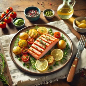 Salmón al horno servido con patatas y zanahorias asadas, decorado con hierbas frescas y rodajas de limón, sobre un plato elegante.