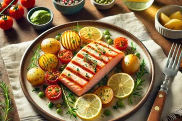 Salmón al horno servido con patatas y zanahorias asadas, decorado con hierbas frescas y rodajas de limón, sobre un plato elegante.