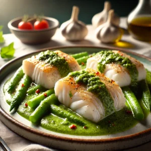 merluza en salsa verde, con filetes de pescado blanco cubiertos parcialmente por salsa verde brillante, acompañados de guisantes y espárragos blancos, decorado con perejil fresco.