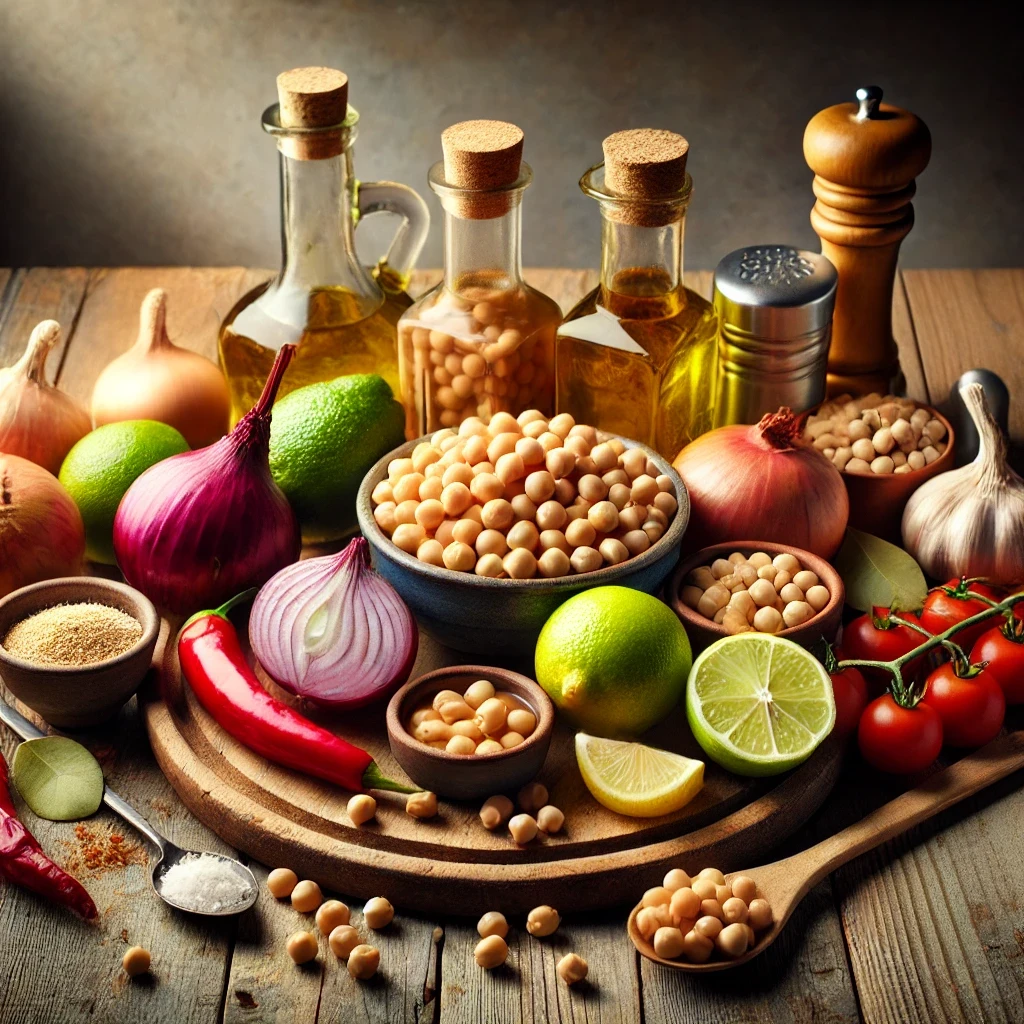 Ingredientes principales para preparar morrococo: garbanzos cocidos, tomates maduros, cebolla, ajo, comino y pimentón dulce.