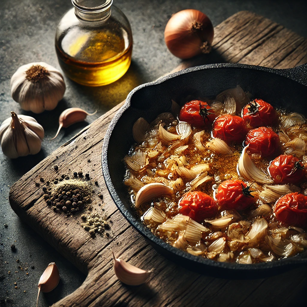 Sofrito de cebolla, ajo y tomates cocinándose en aceite de oliva en una sartén.