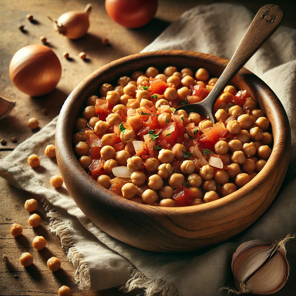 Garbanzos cocidos mezclados con sofrito de tomate, cebolla y ajo en un bol grande con una cuchara de madera.