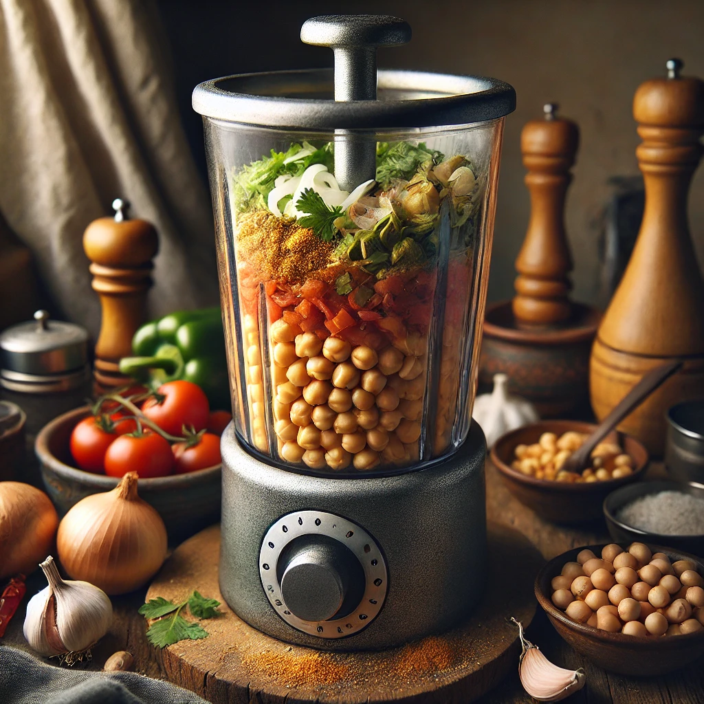 Ingredientes del morrococo en una batidora de vaso: garbanzos cocidos, sofrito de tomate, cebolla, ajo, comino y pimentón.