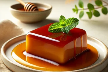 Tocino de cielo tradicional andaluz en presentación elegante. Postre rectangular con caramelo brillante, servido en un plato blanco con adorno de menta y un toque de caramelo líquido.