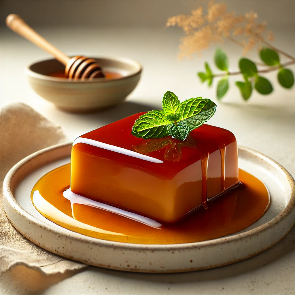 Tocino de cielo tradicional andaluz en presentación elegante. Postre rectangular con caramelo brillante, servido en un plato blanco con adorno de menta y un toque de caramelo líquido.