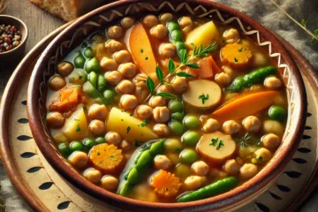 Olla gitana servida como sopa caldosa en un plato hondo, con garbanzos, calabaza, patatas, judías verdes y peras pelados y cocidos, flotando en un caldo anaranjado claro. Decorada con hierbabuena fresca.