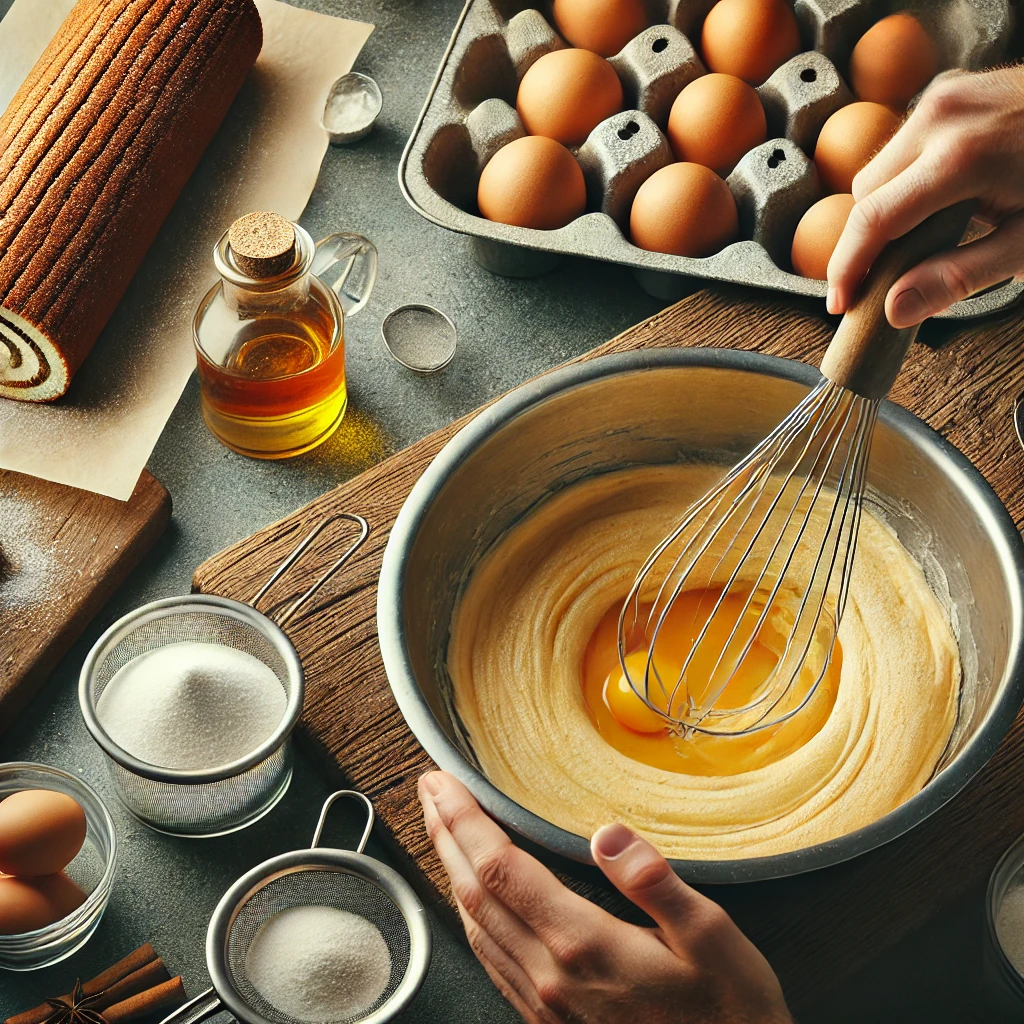 Ingredientes para tronco de Navidad tradicional, incluyendo huevos, azúcar, harina y extracto de vainilla.